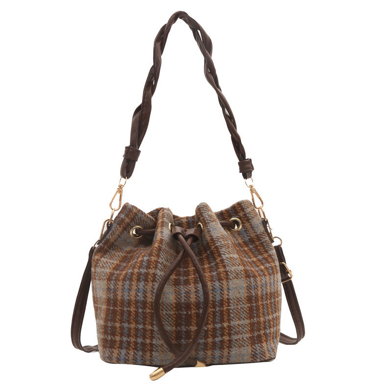 Wholesale Wool Contrast Color Casual Fashion One Shoulder Crossbody Bucket Bag